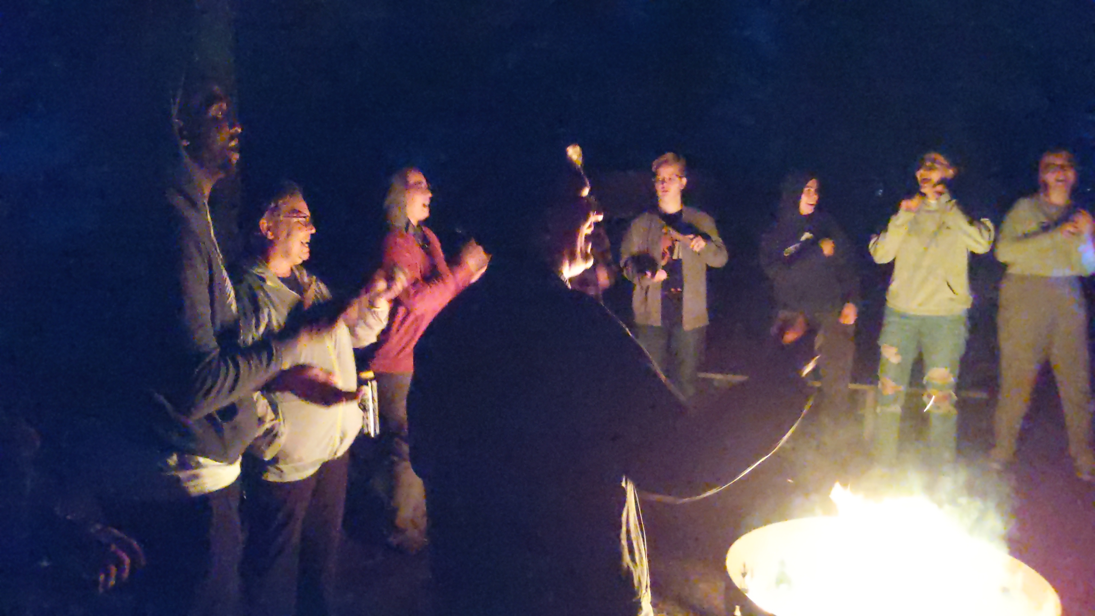 Singing around a campfire